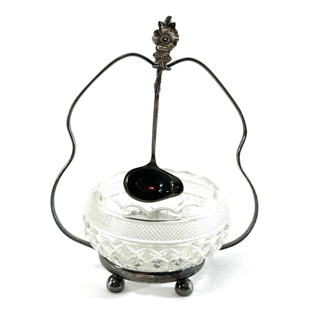 Vintage Reed & Barton Silverplate Sugar Bowl Condiment Set Glass Bowl w/ Ladle - Picture 3 of 9